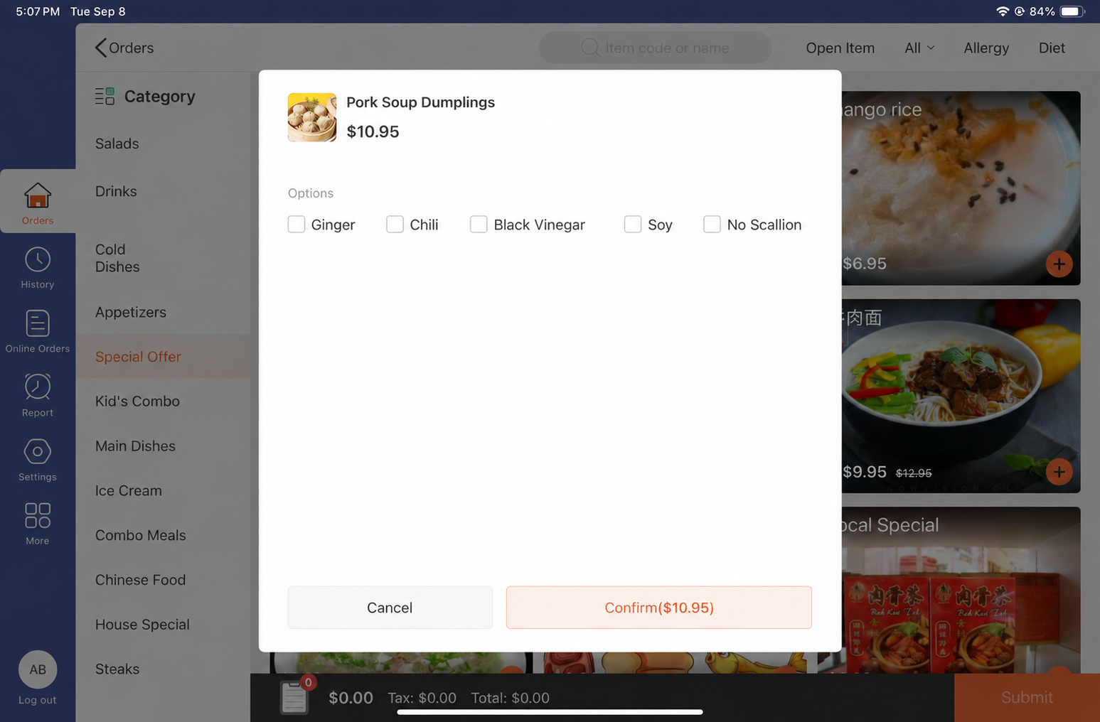 Yammii iPad ordering and modifier selection